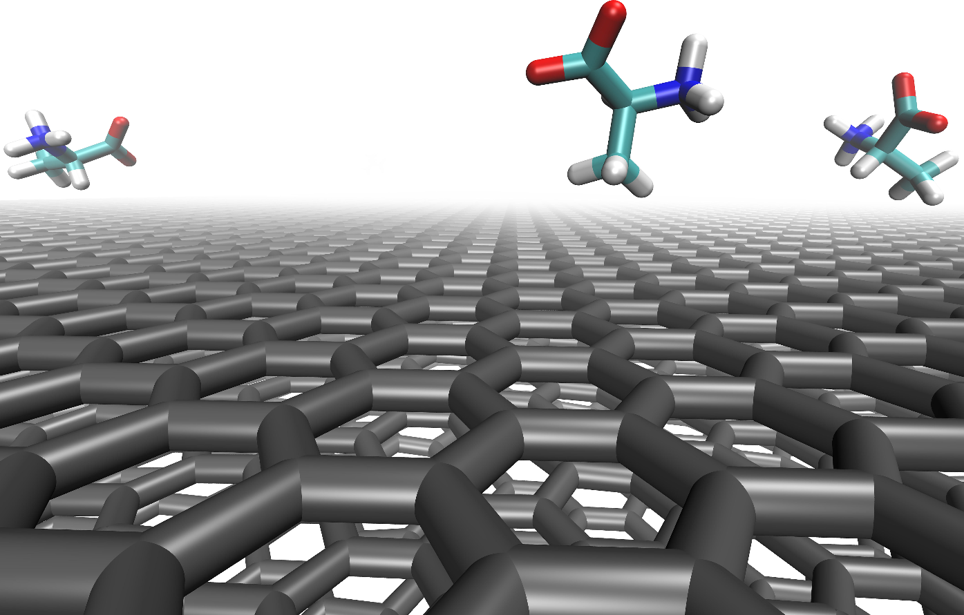 Fibronectin on top of graphene sheets with the five closest arginine residues highlighted